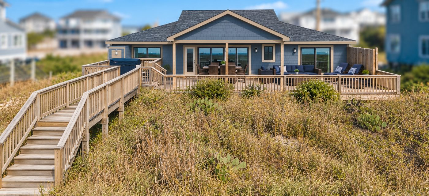 Blue shingled beach cottage with a wide deck and wooden boardwalk stairs rising over the dunes